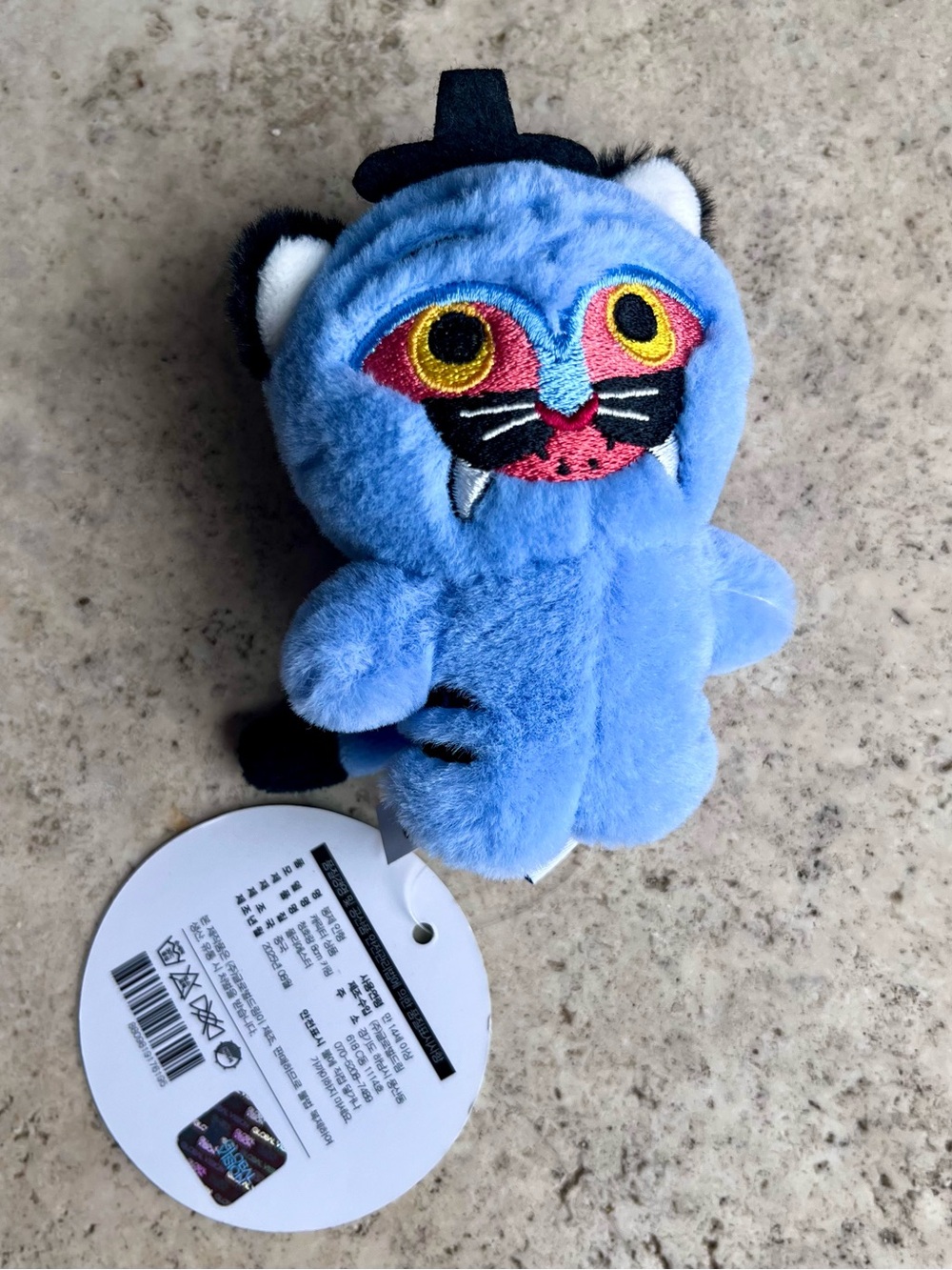 Craft Blue Plush Cat Keychain with Embroidered Multicolor Face